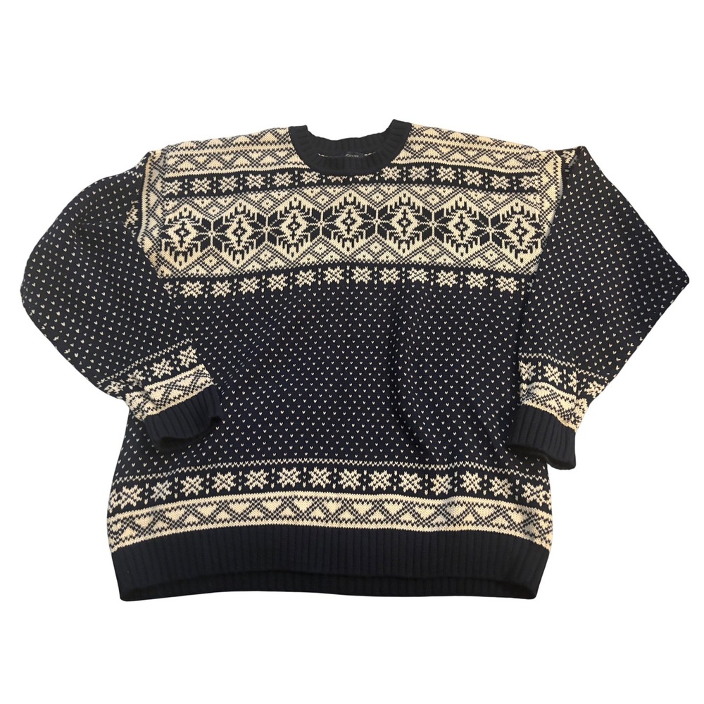 Dockers Mens Nordic Cotton Jacquard Knit Sweater Navy Blue Cream Large NWT